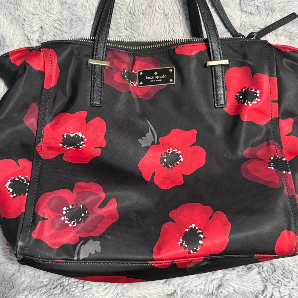 Kate Spade Black Tote with Red Floral Pattern